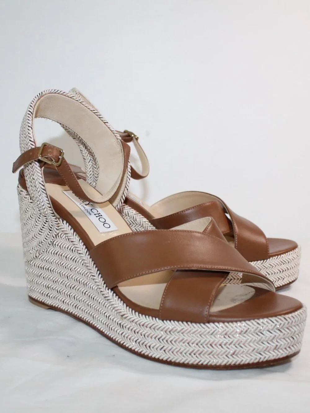Jimmy Choo Raffia Espadrille Wedge Brown Leather Dellena 100 Sandals 40